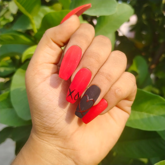 The NailzStation Matte Red Hearts Press on Fake Artificial Nails Set with glue, filer, sticker application kit // 1242