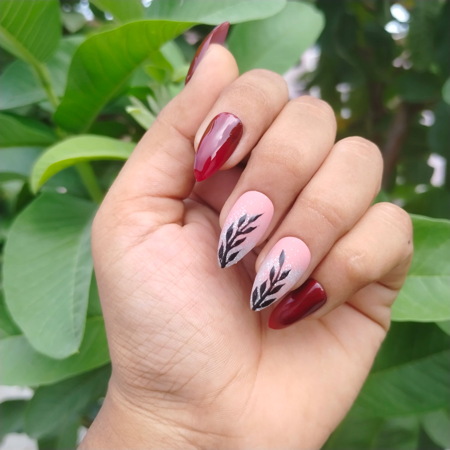 The NailzStation Glossy Maroon Leaves Press on Fake Artificial Nails Set with glue, filer, sticker application kit // 1244