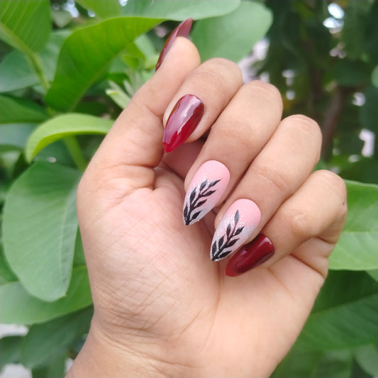 The NailzStation Glossy Maroon Leaves Press on Fake Artificial Nails Set with glue, filer, sticker application kit // 1244