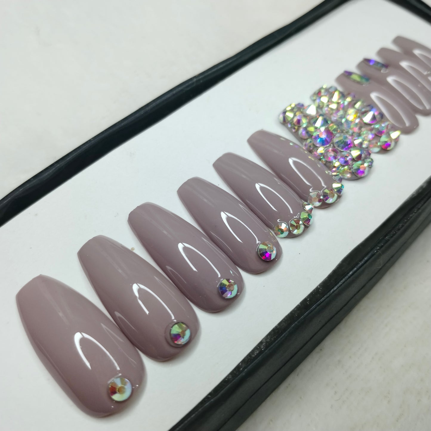 The NailzStation Glossy Mauve Studded Press on Fake Artificial Nails Set with glue, filer, sticker application kit // 1241