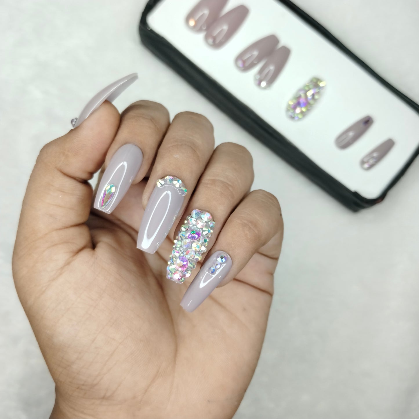 The NailzStation Glossy Mauve Studded Press on Fake Artificial Nails Set with glue, filer, sticker application kit // 1241