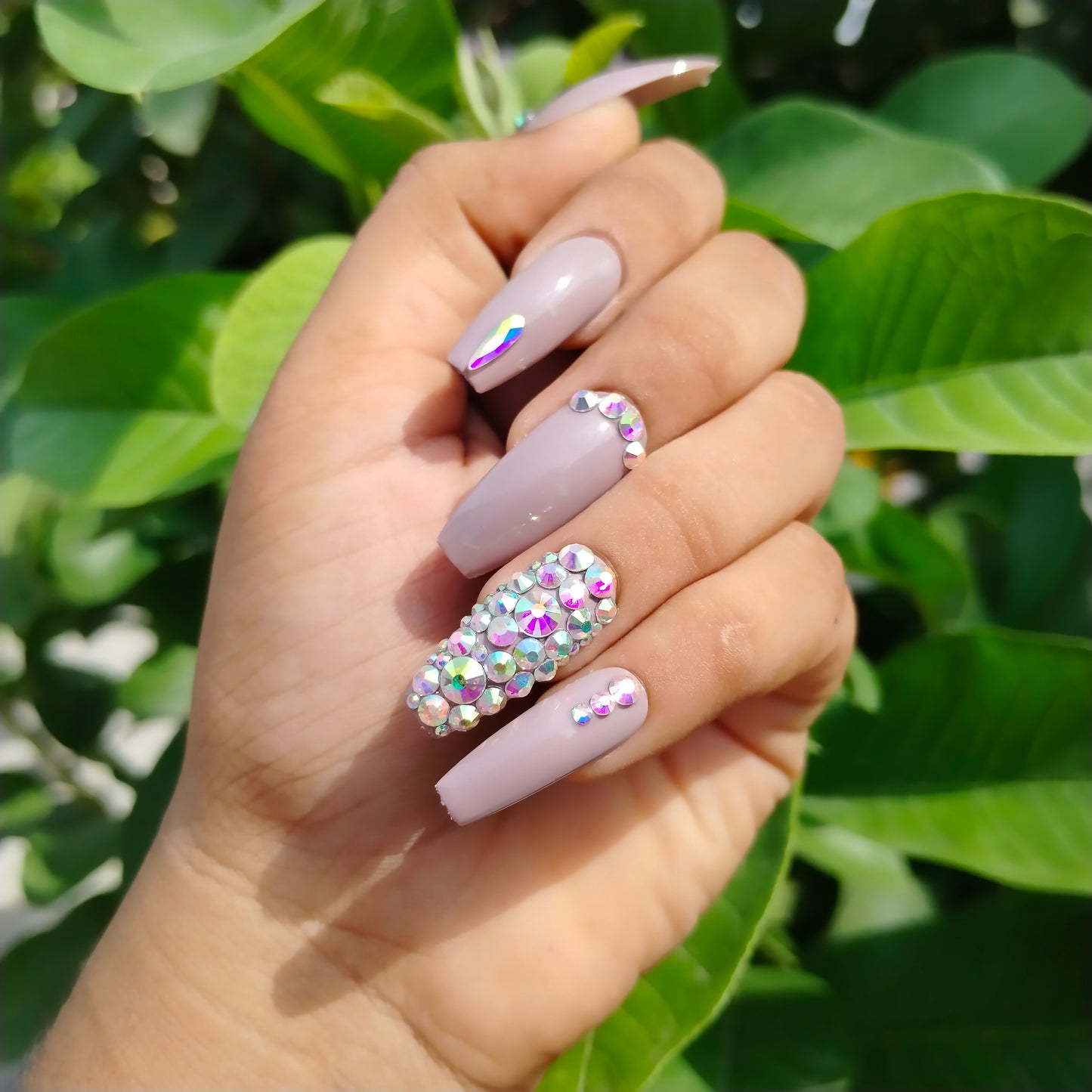 The NailzStation Glossy Mauve Studded Press on Fake Artificial Nails Set with glue, filer, sticker application kit // 1241