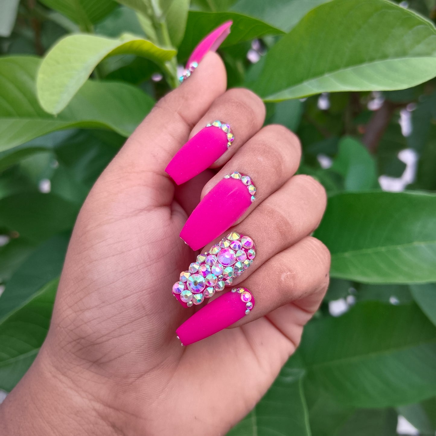 The NailzStation Matte Pink Studded Press on Fake Artificial Nails Set with glue, filer, sticker application kit // 1240