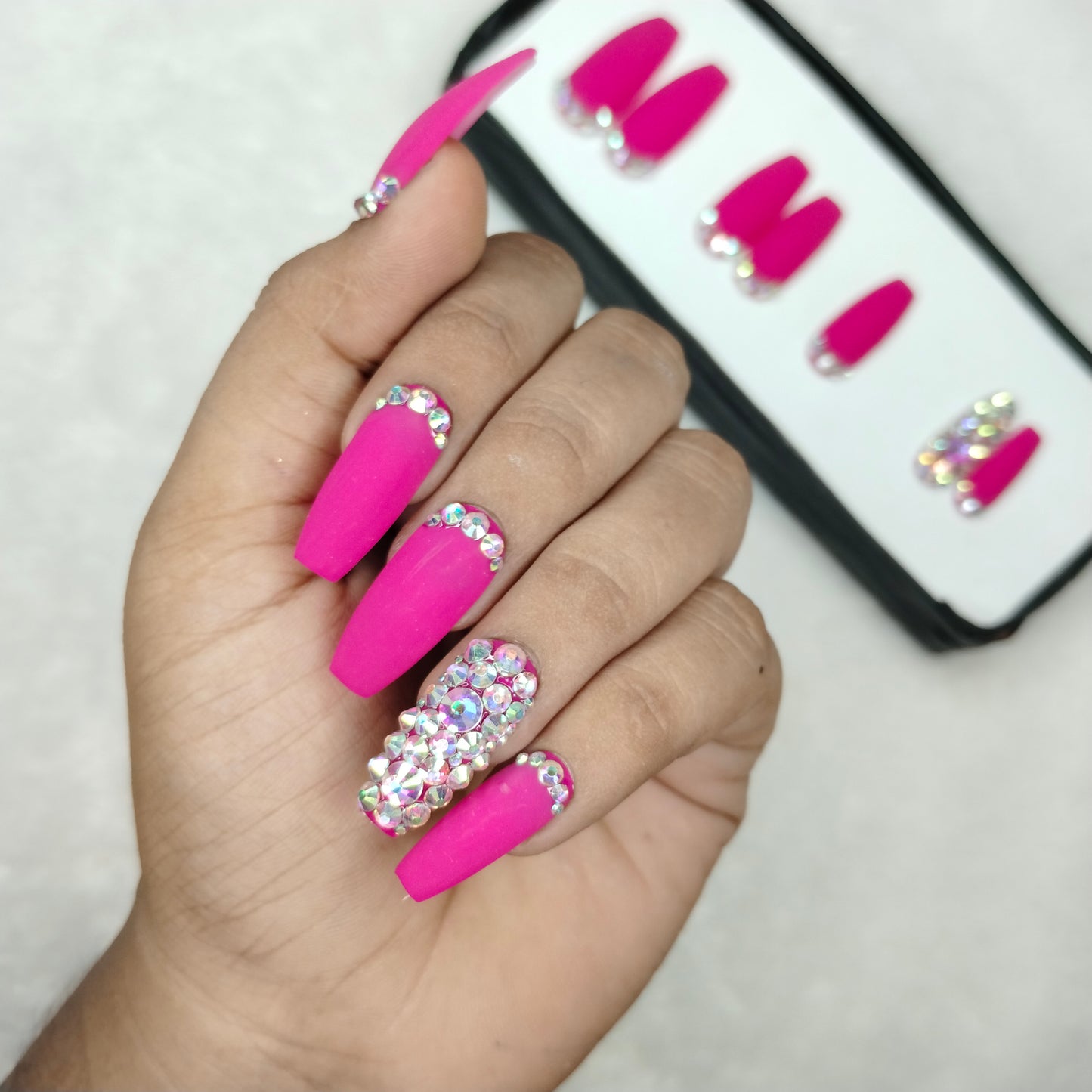 The NailzStation Matte Pink Studded Press on Fake Artificial Nails Set with glue, filer, sticker application kit // 1240