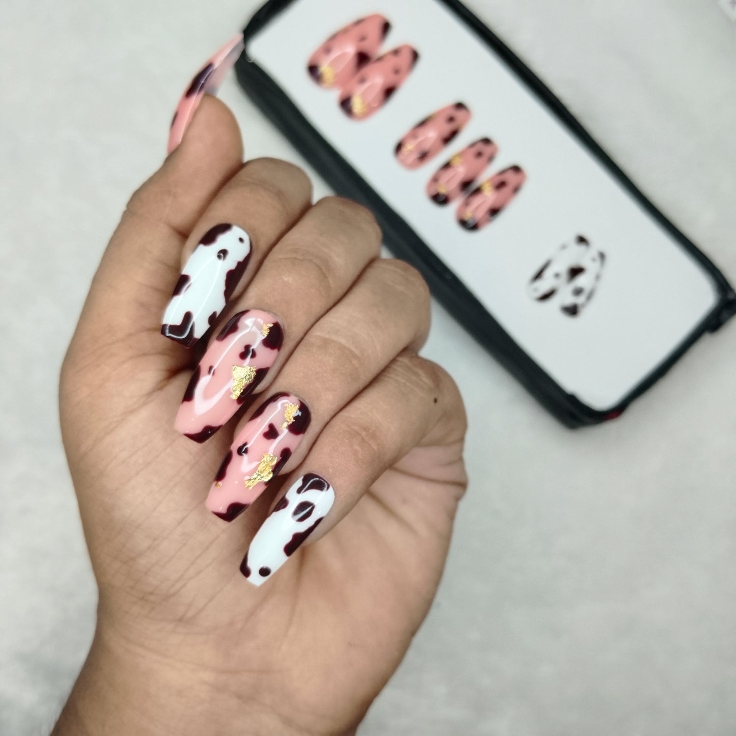 The NailzStation Glossy Nude Animal Print Press on Fake Artificial Nails Set with glue, filer, sticker application kit // 1237