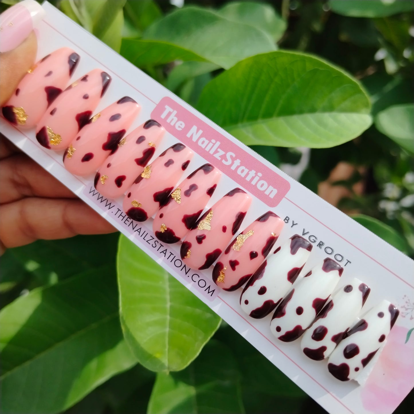 The NailzStation Glossy Nude Animal Print Press on Fake Artificial Nails Set with glue, filer, sticker application kit // 1237