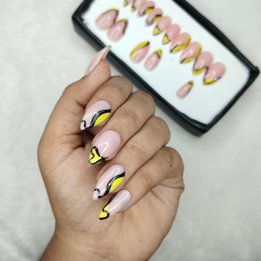 The NailzStation Glossy Yellow Swirls Press on Fake Artificial Nails Set with glue, filer, sticker application kit // 1234