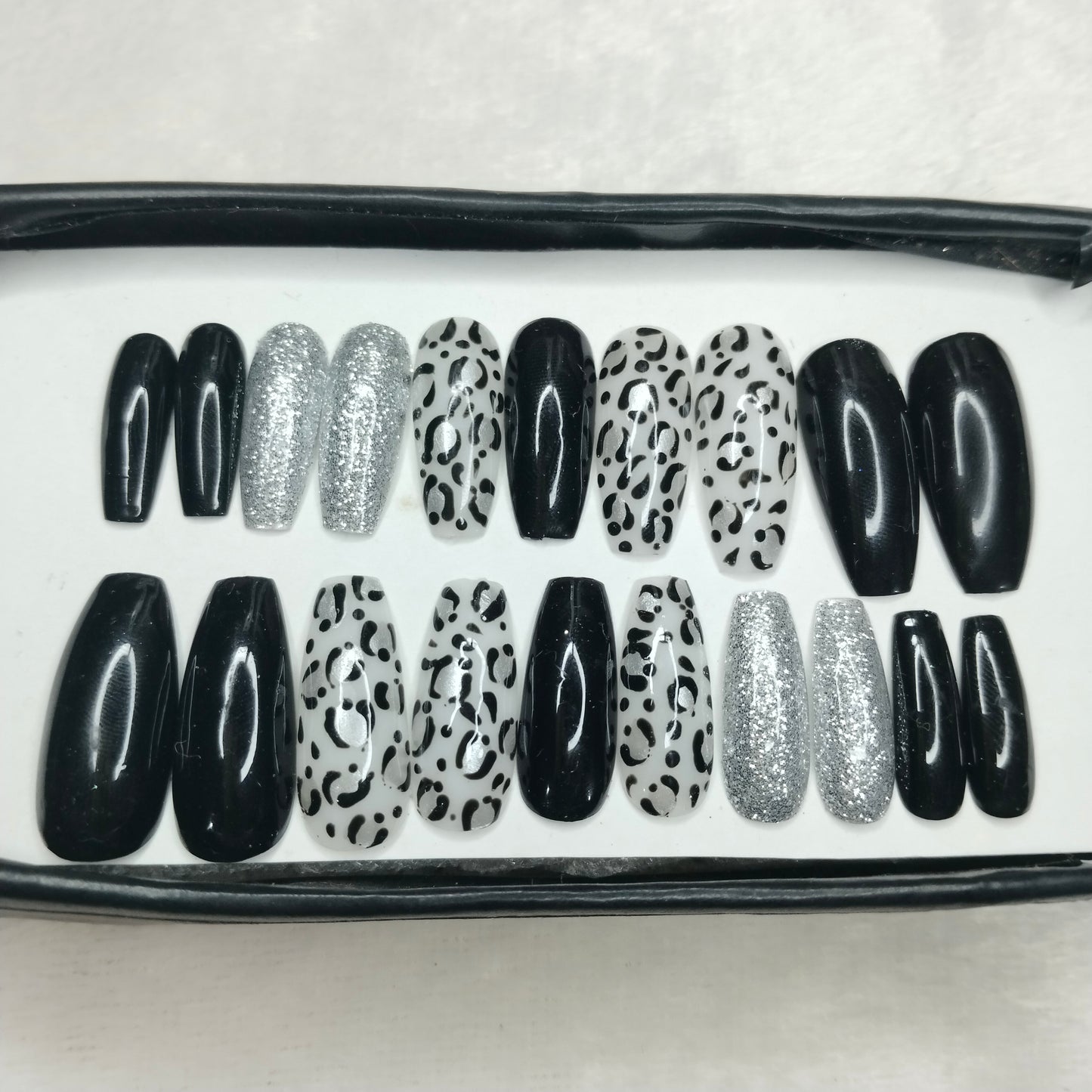 The NailzStation Glossy Black Animal Print Press on Fake Artificial Nails Set with glue, filer, sticker application kit // 1238