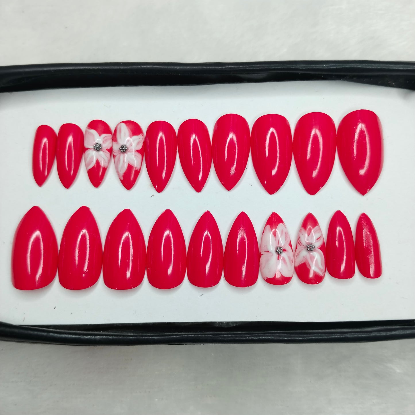 The NailzStation Glossy Pink Floral Press on Fake Artificial Nails Set with glue, filer, sticker application kit // 1268