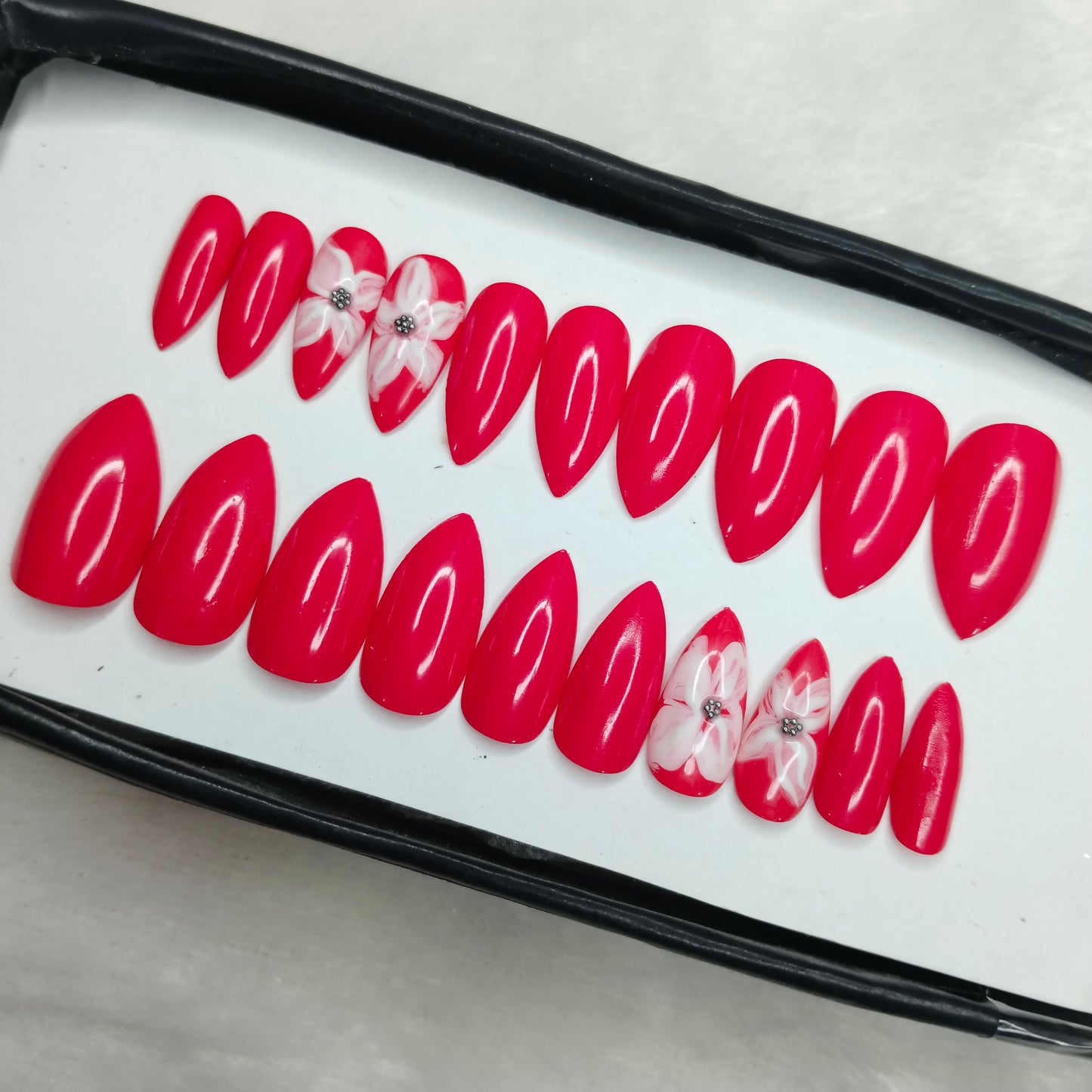 The NailzStation Glossy Pink Floral Press on Fake Artificial Nails Set with glue, filer, sticker application kit // 1268