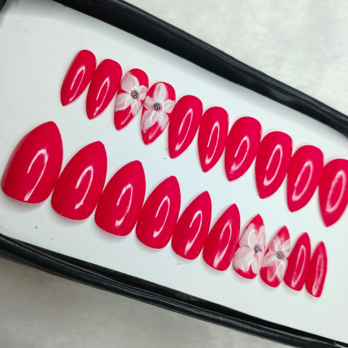 The NailzStation Glossy Pink Floral Press on Fake Artificial Nails Set with glue, filer, sticker application kit // 1268