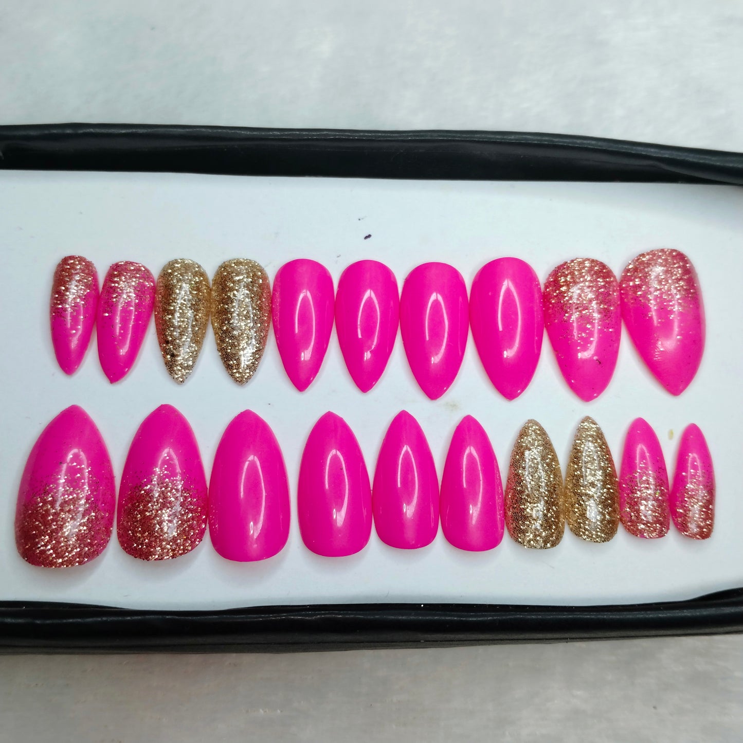 The NailzStation Glossy Pink Glitter Ombre Press on Fake Artificial Nails Set with glue, filer, sticker application kit // 1266