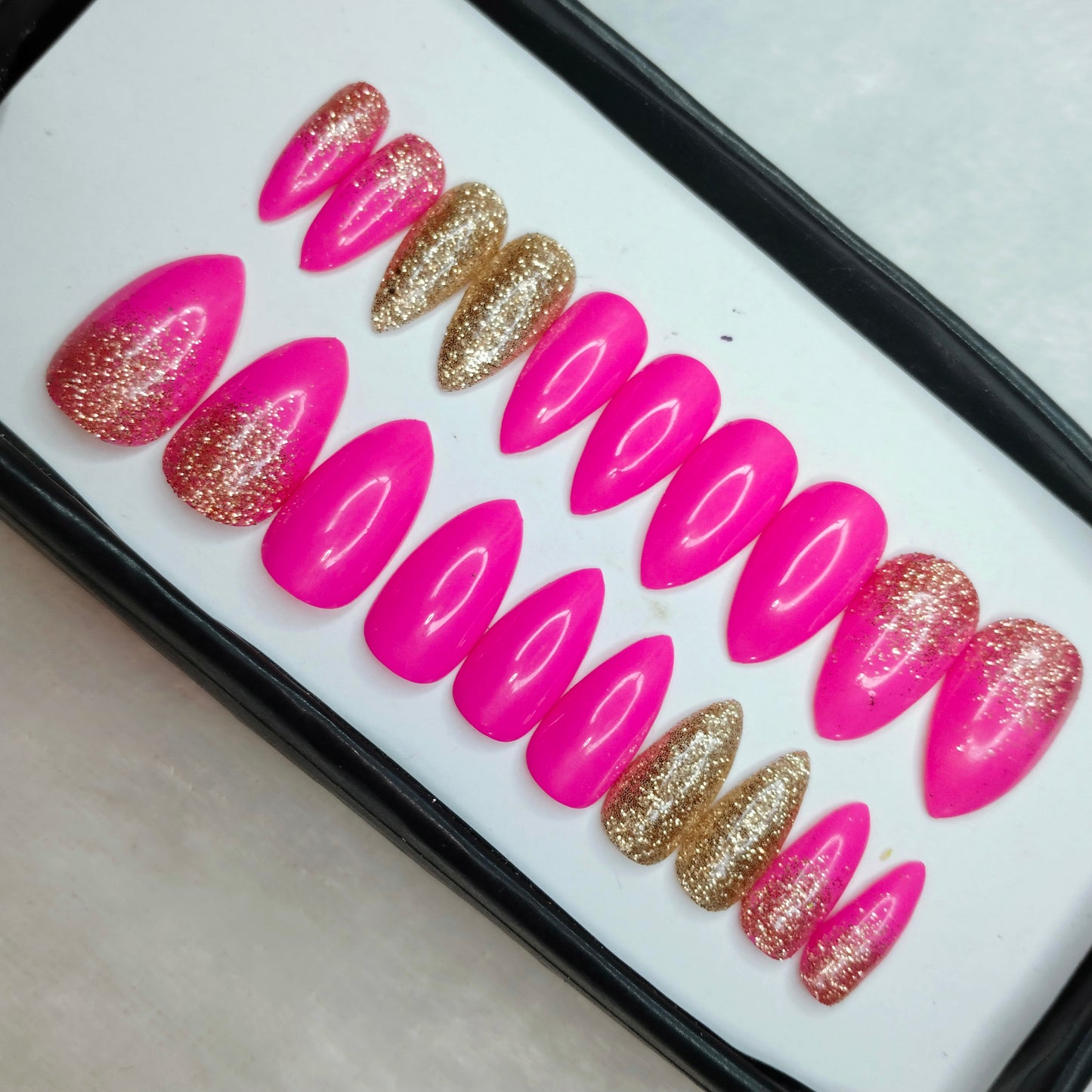 The NailzStation Glossy Pink Glitter Ombre Press on Fake Artificial Nails Set with glue, filer, sticker application kit // 1266