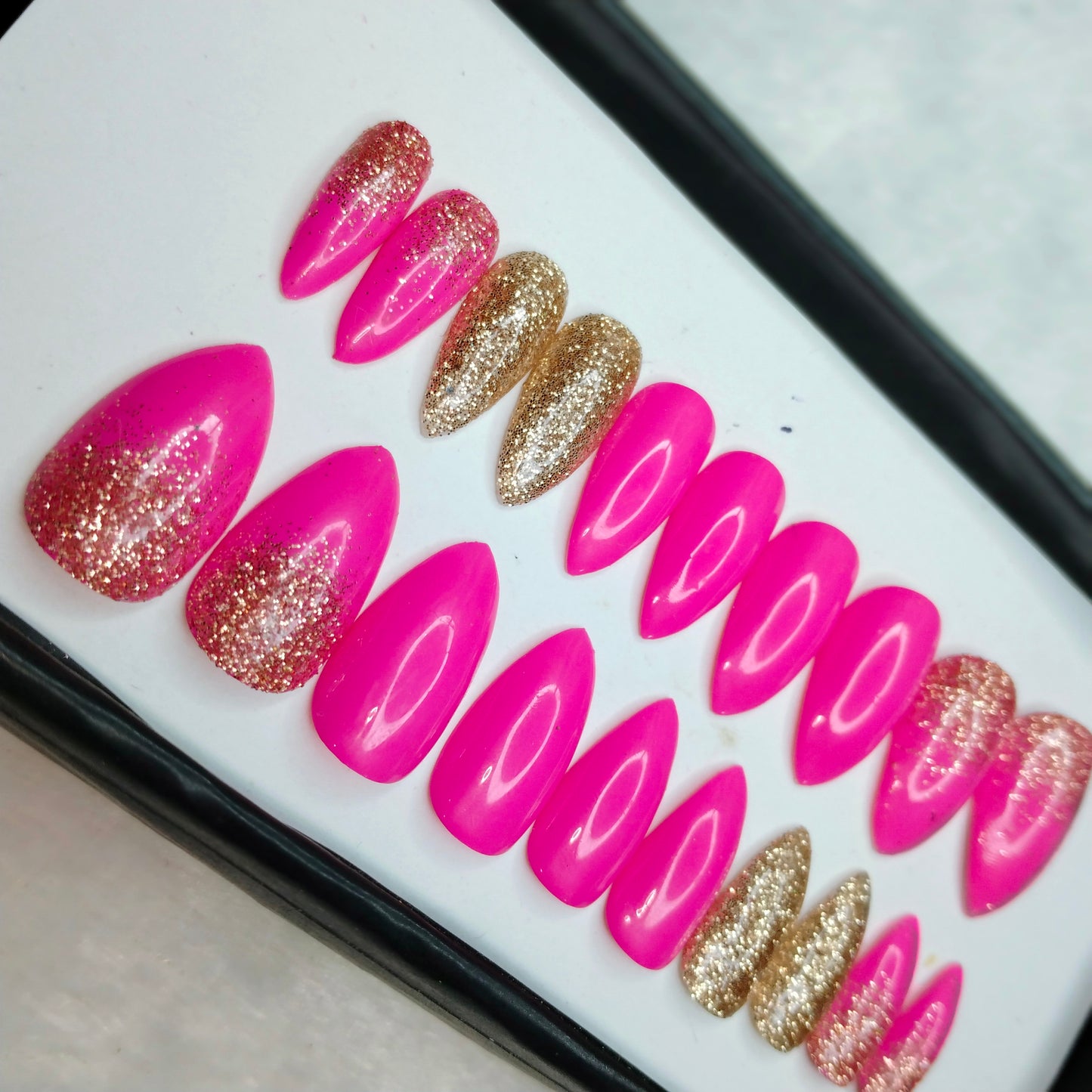 The NailzStation Glossy Pink Glitter Ombre Press on Fake Artificial Nails Set with glue, filer, sticker application kit // 1266