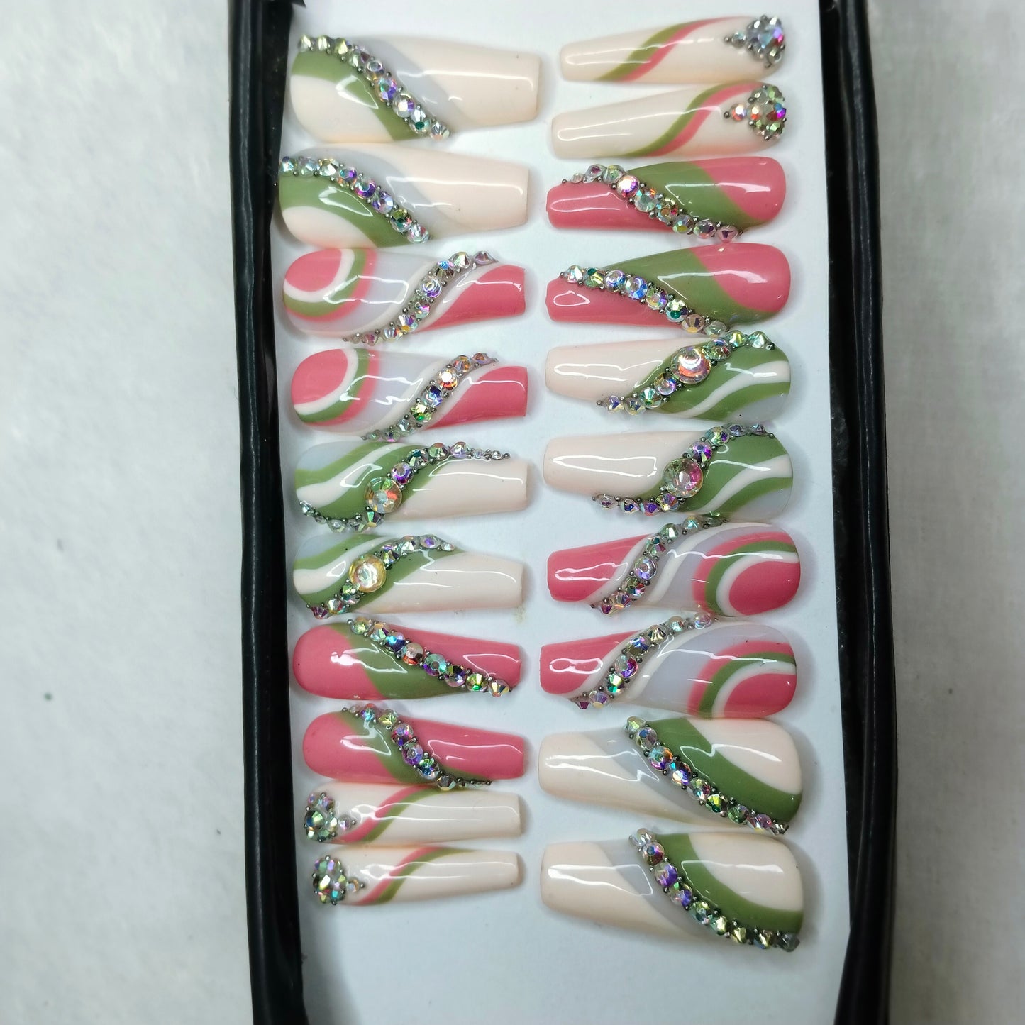 The NailzStation Glossy Pastel Studded Swirls Press on Fake Artificial Nails Set with glue, filer, sticker application kit // 1264