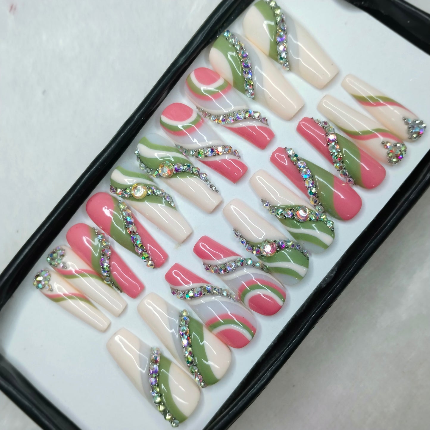 The NailzStation Glossy Pastel Studded Swirls Press on Fake Artificial Nails Set with glue, filer, sticker application kit // 1264