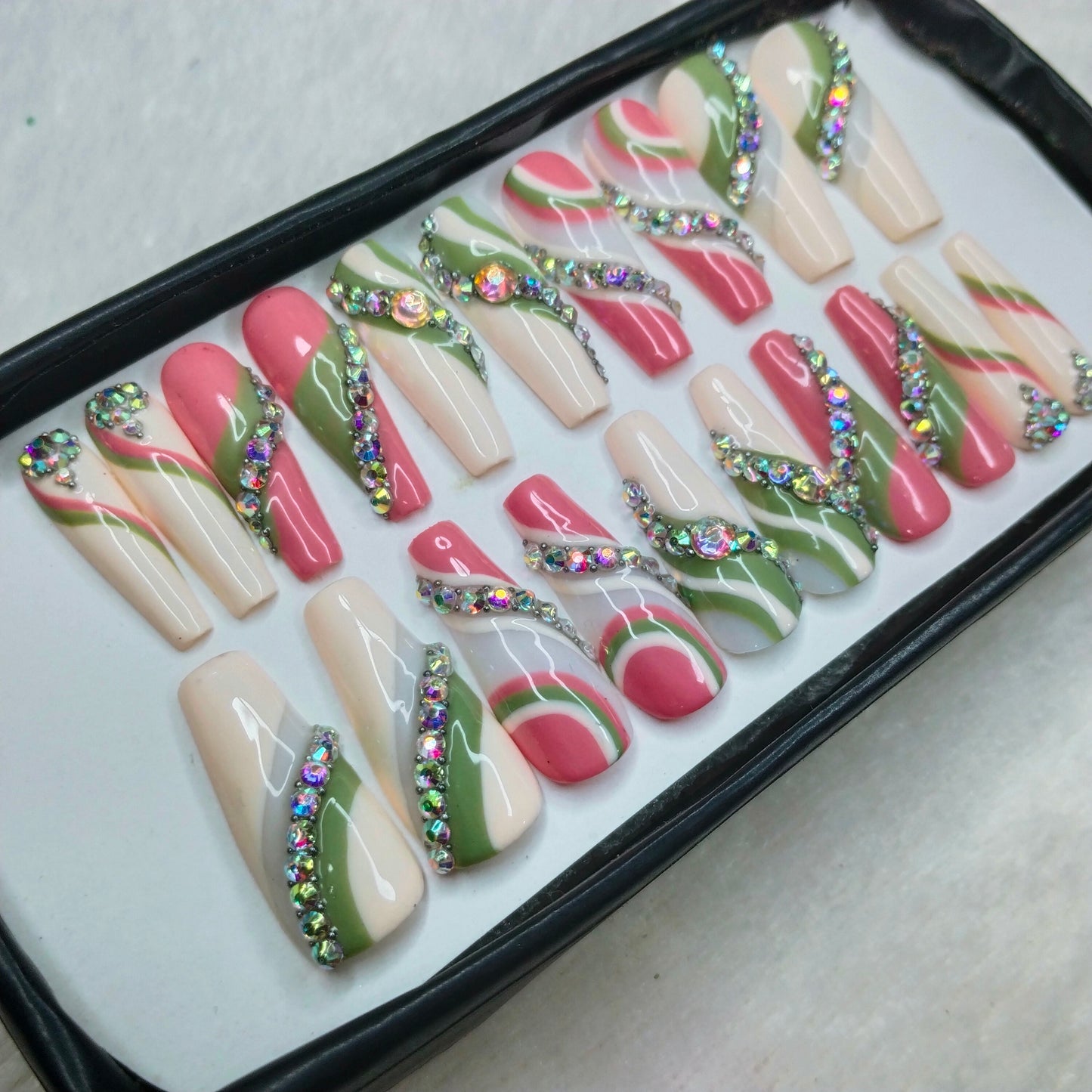 The NailzStation Glossy Pastel Studded Swirls Press on Fake Artificial Nails Set with glue, filer, sticker application kit // 1264