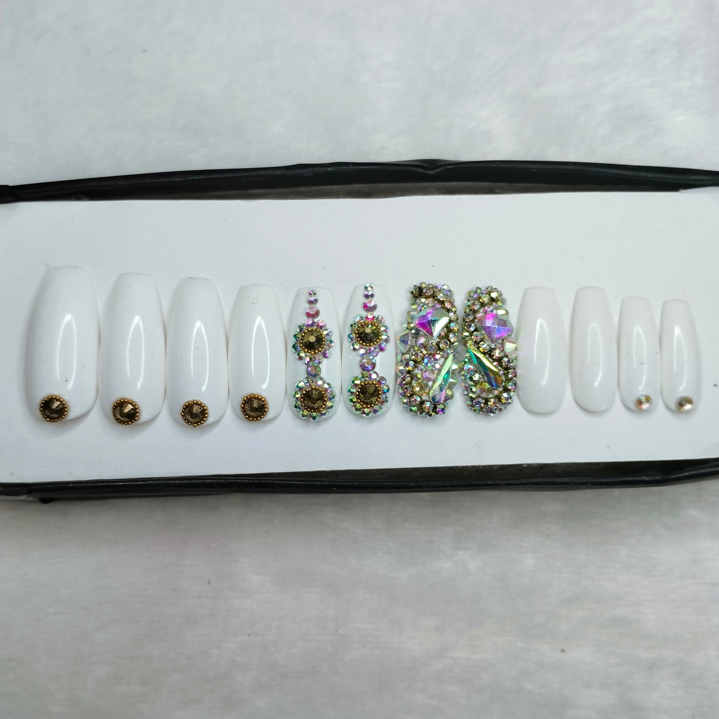 The NailzStation Glossy White Studded Press on Fake Artificial Nails Set with glue, filer, sticker application kit // 1263