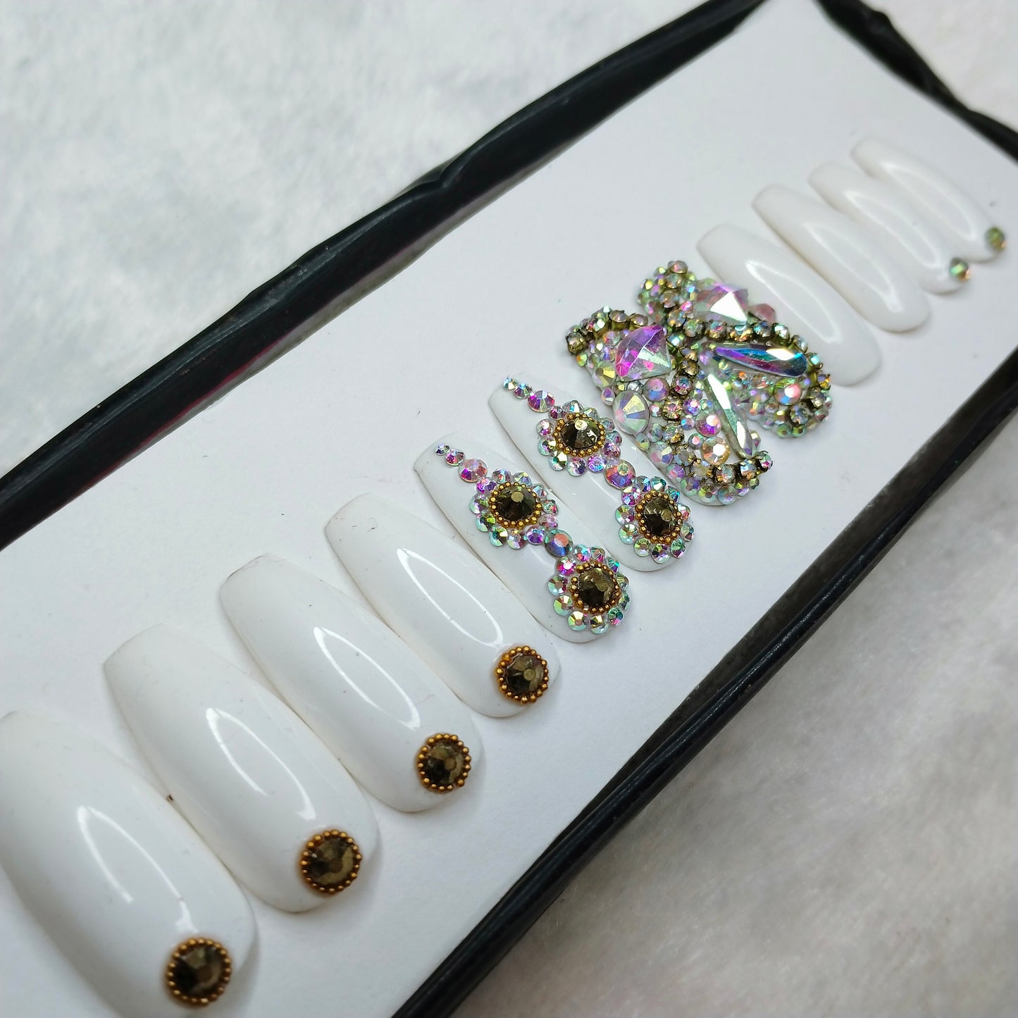 The NailzStation Glossy White Studded Press on Fake Artificial Nails Set with glue, filer, sticker application kit // 1263