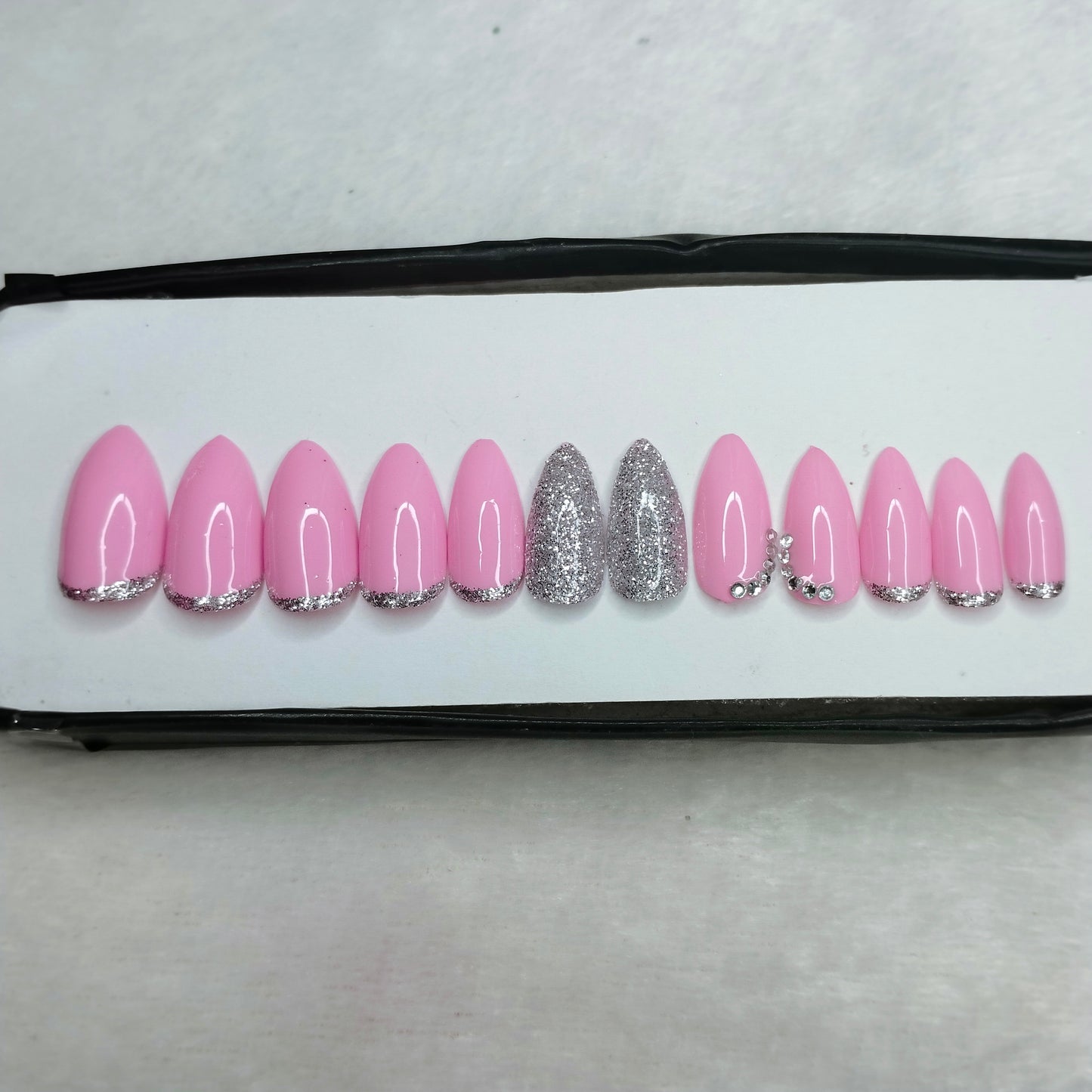 The NailzStation Glossy Light Pink Studded Press on Fake Artificial Nails Set with glue, filer, sticker application kit // 1261