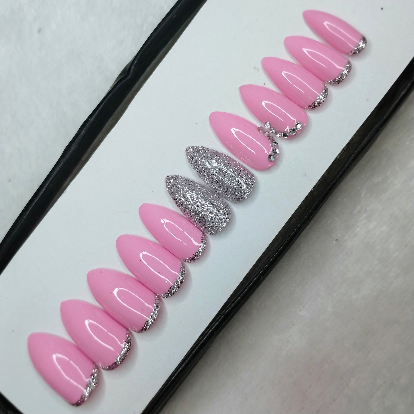 The NailzStation Glossy Light Pink Studded Press on Fake Artificial Nails Set with glue, filer, sticker application kit // 1261