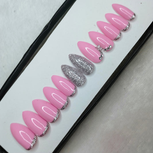 The NailzStation Glossy Light Pink Studded Press on Fake Artificial Nails Set with glue, filer, sticker application kit // 1261