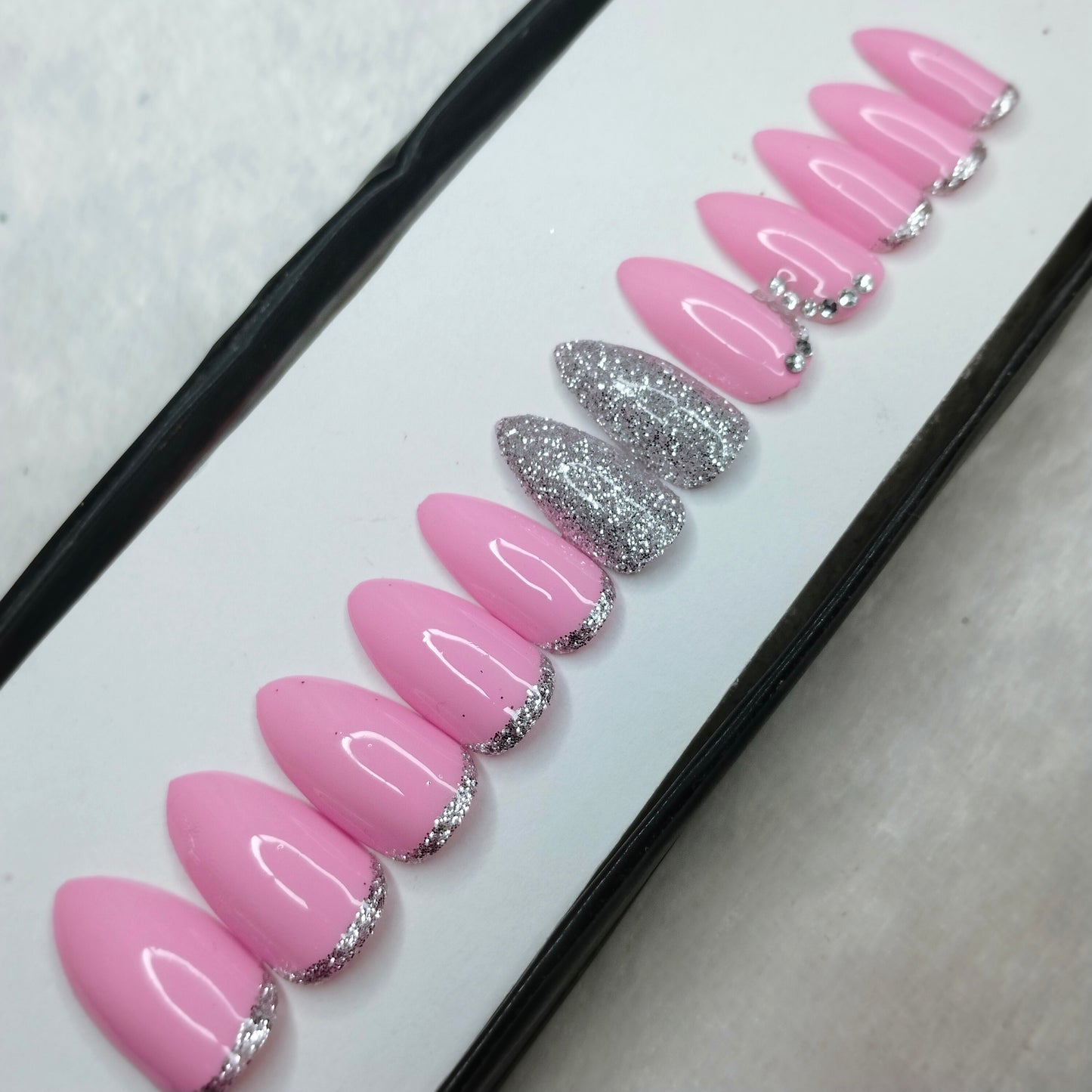 The NailzStation Glossy Light Pink Studded Press on Fake Artificial Nails Set with glue, filer, sticker application kit // 1261