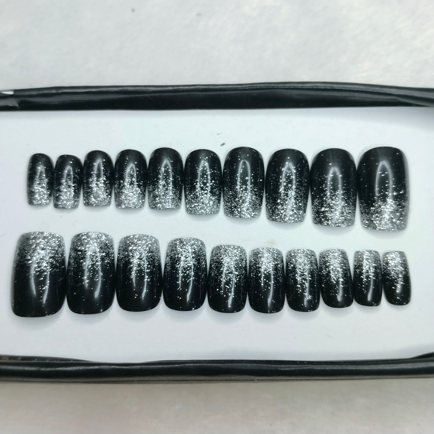 The NailzStation Glossy Black Glitter Ombre Press on Fake Artificial Nails Set with glue, filer, sticker application kit // 1259