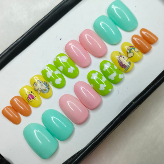 The NailzStation Glossy Pastels Rainbows Press on Fake Artificial Nails Set with glue, filer, sticker application kit // 1257