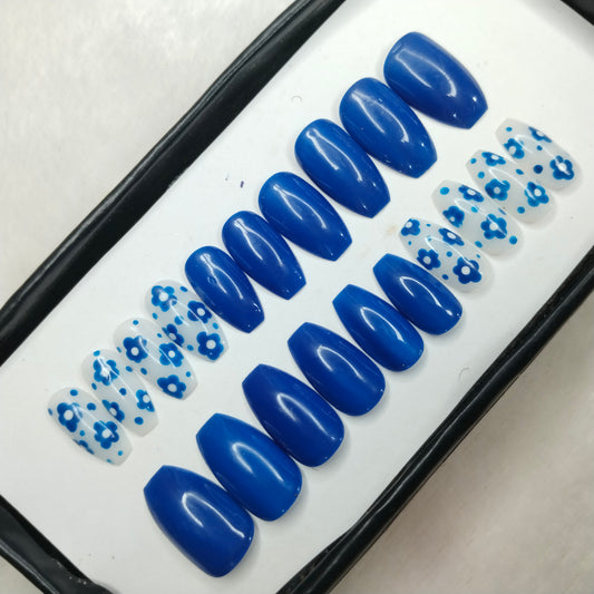 The NailzStation Glossy Blue Floral Press on Fake Artificial Nails Set with glue, filer, sticker application kit // 1258