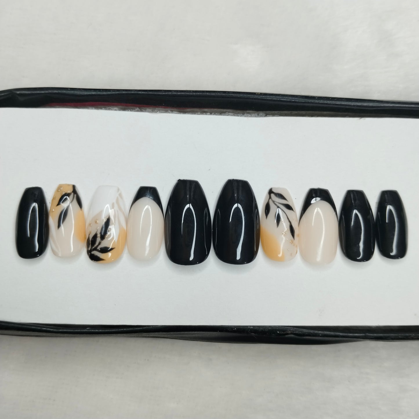 The NailzStation Glossy Black Floral French Press on Fake Artificial Nails Set with glue, filer, sticker application kit // 1434