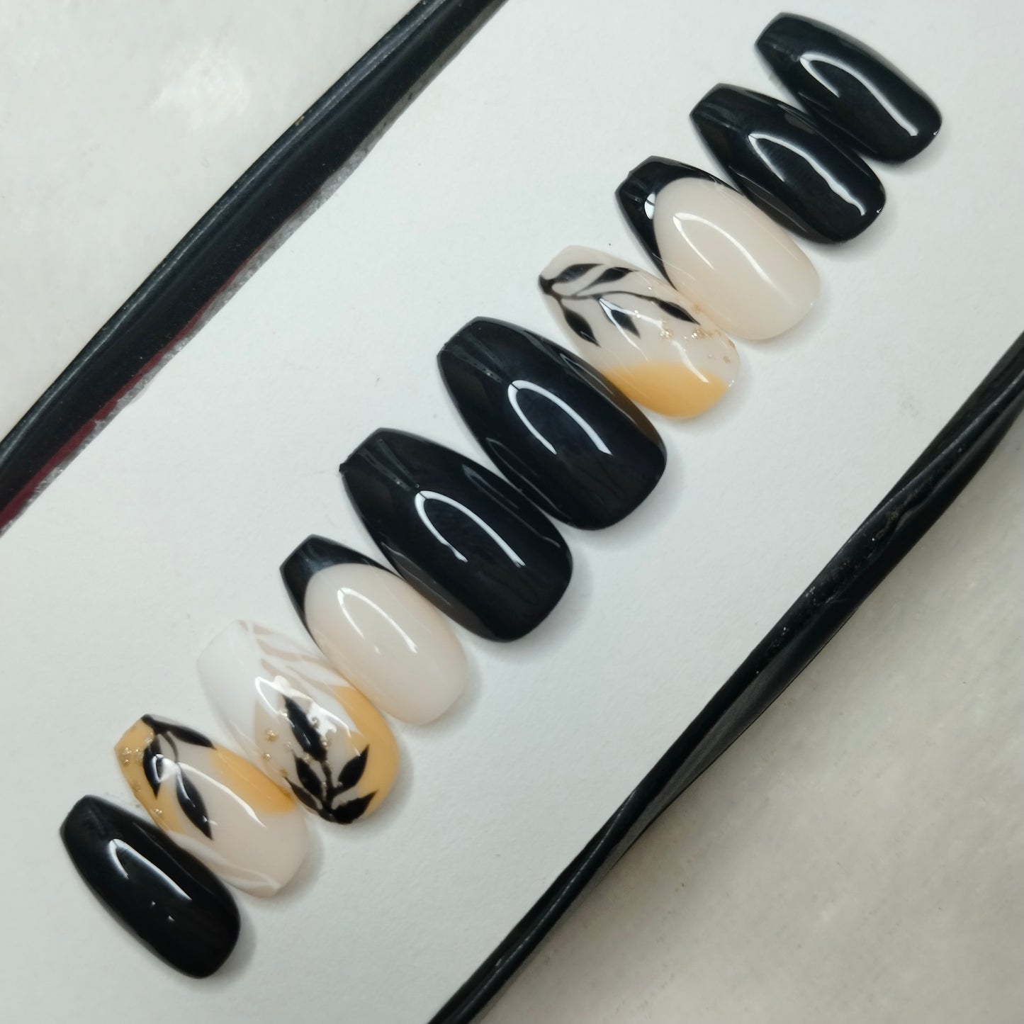 The NailzStation Glossy Black Floral French Press on Fake Artificial Nails Set with glue, filer, sticker application kit // 1434