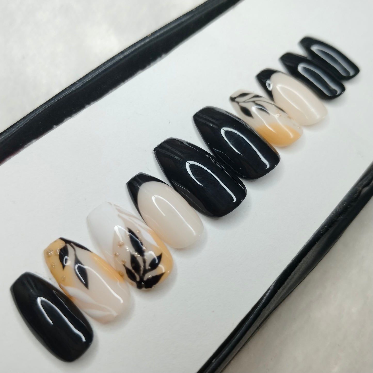 The NailzStation Glossy Black Floral French Press on Fake Artificial Nails Set with glue, filer, sticker application kit // 1434