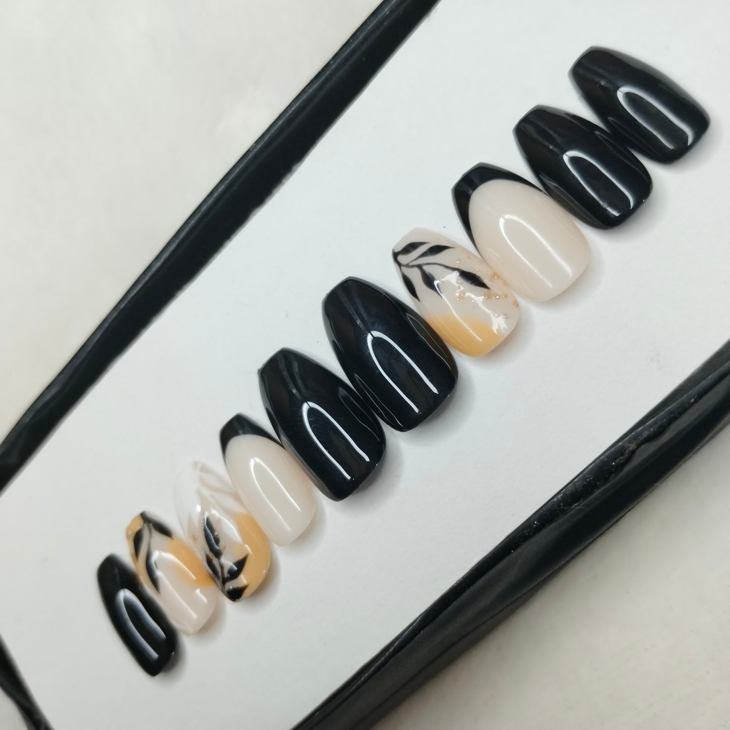 The NailzStation Glossy Black Floral French Press on Fake Artificial Nails Set with glue, filer, sticker application kit // 1434