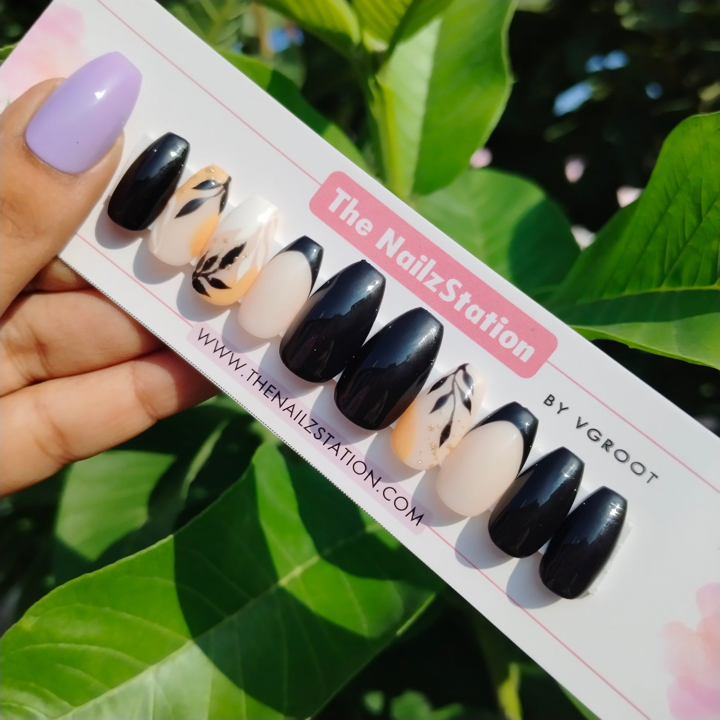 The NailzStation Glossy Black Floral French Press on Fake Artificial Nails Set with glue, filer, sticker application kit // 1434