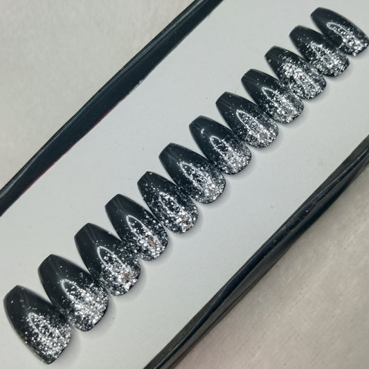 The NailzStation Glossy Black Silver Glitter Ombre Press on Fake Artificial Nails Set with glue, filer, sticker application kit // 1435