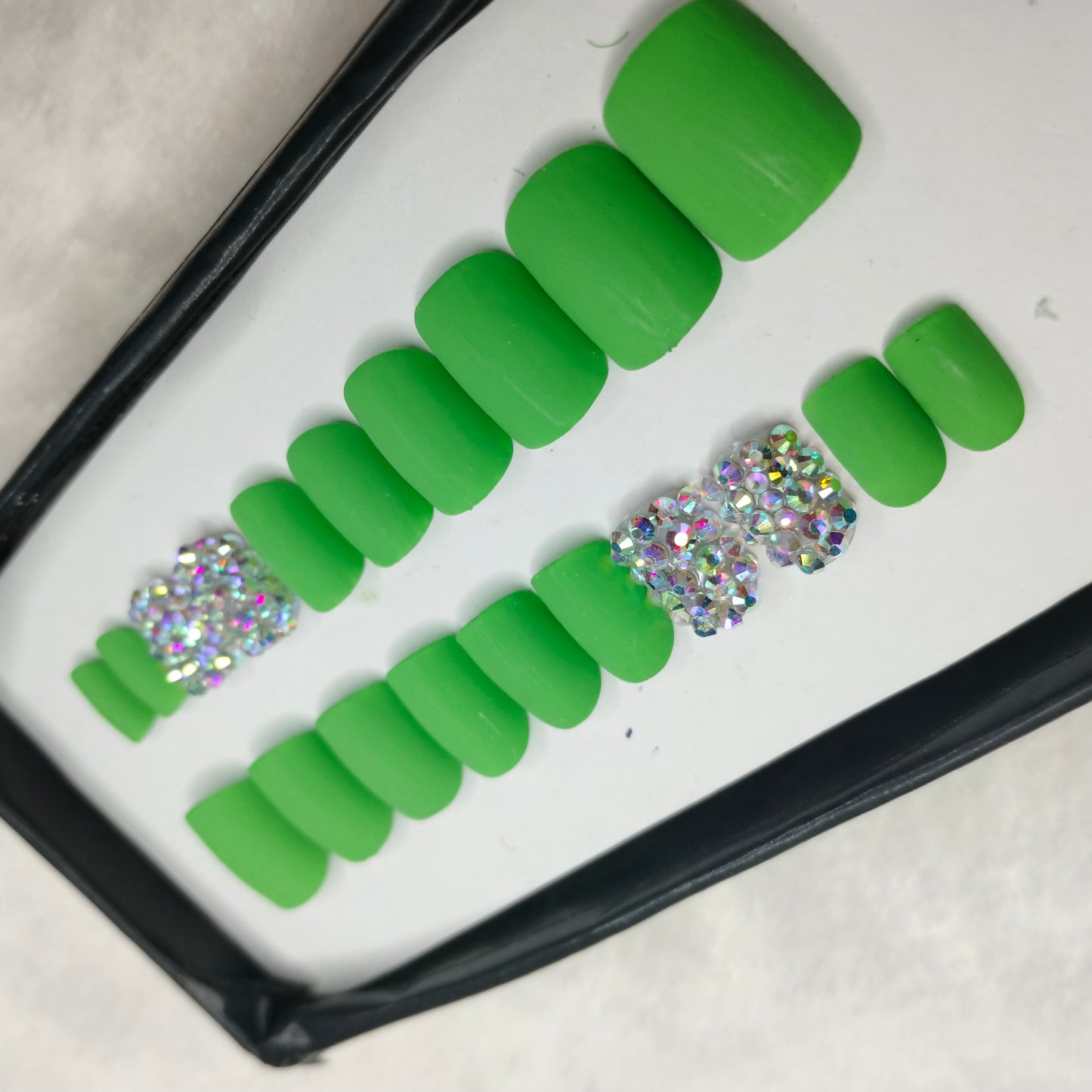 The NailzStation Matte Green Studded Press on Fake Artificial Nails Set with glue, filer, sticker application kit // 1436