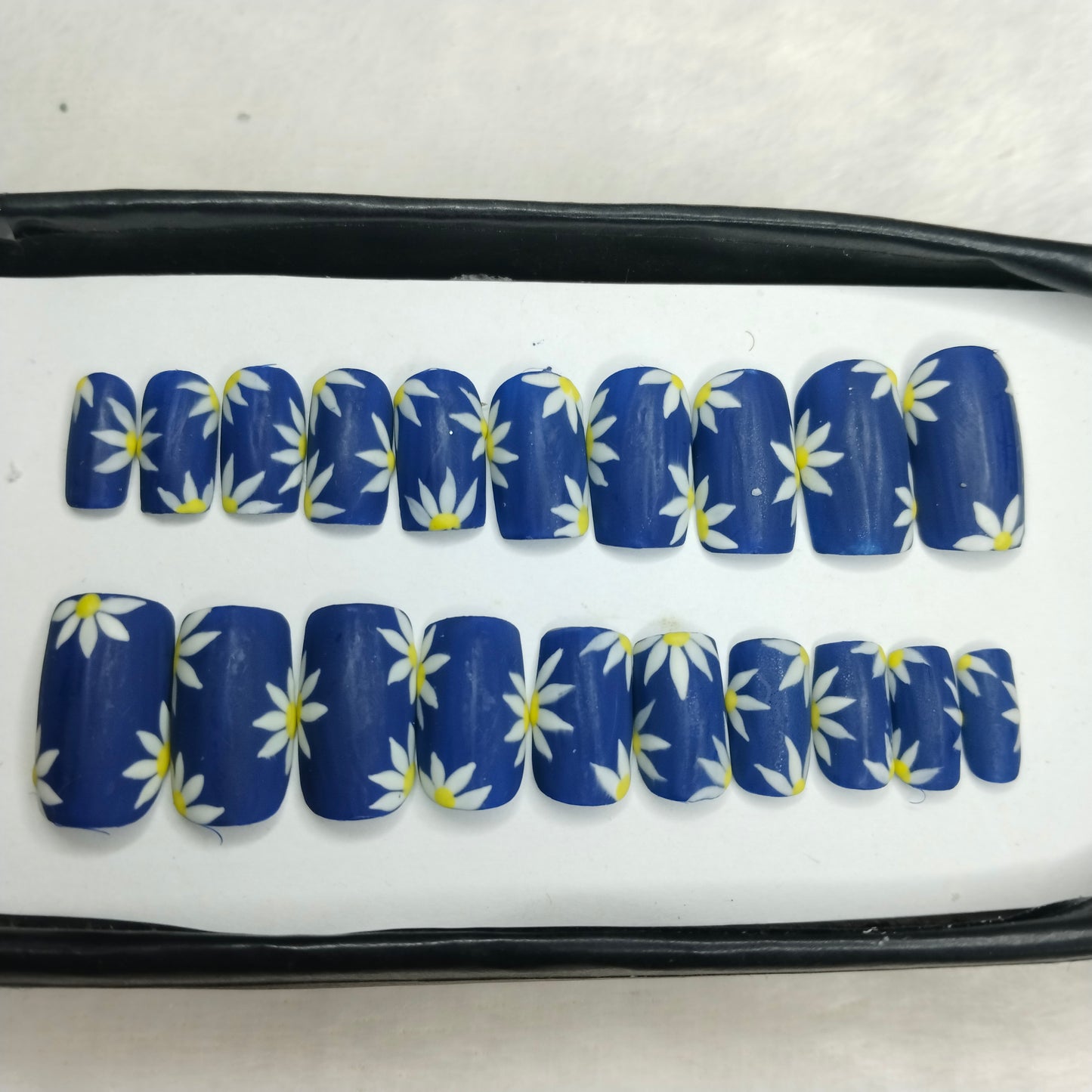 The NailzStation Matte Blue Floral Press on Fake Artificial Nails Set with glue, filer, sticker application kit // 1439