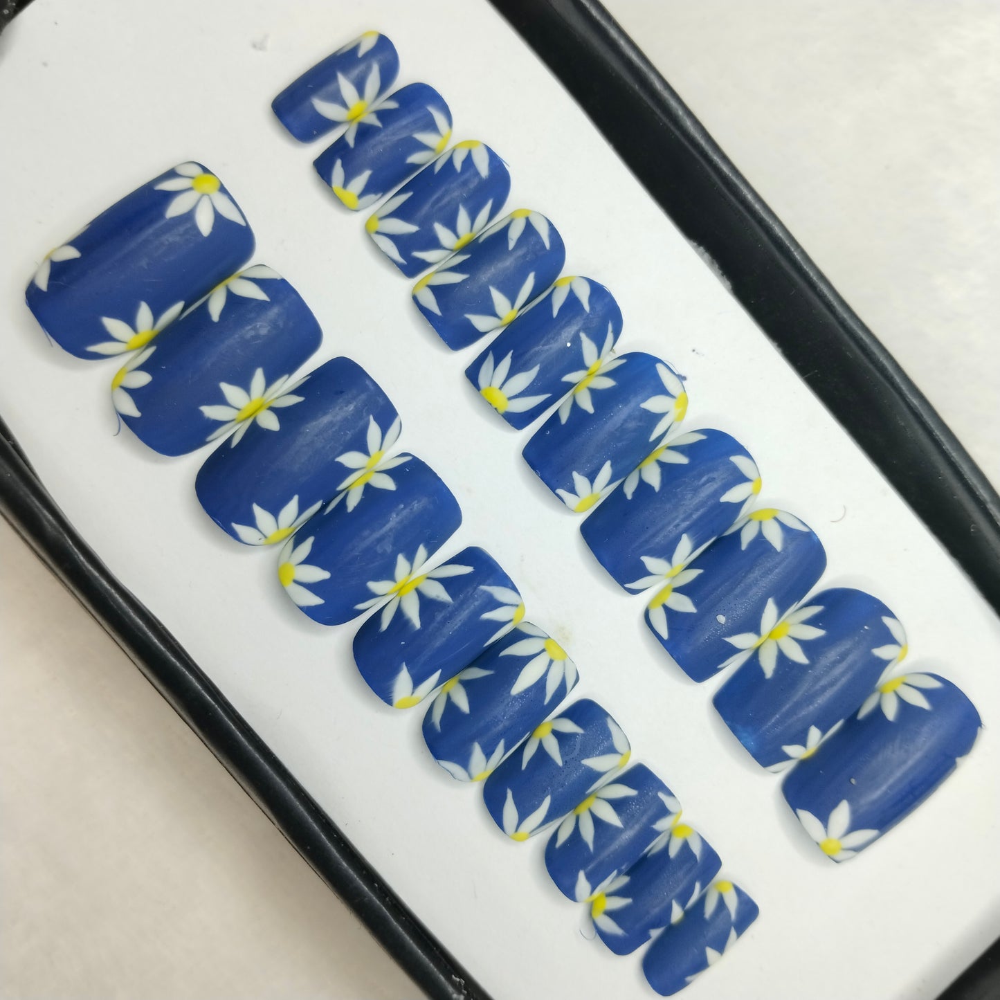 The NailzStation Matte Blue Floral Press on Fake Artificial Nails Set with glue, filer, sticker application kit // 1439