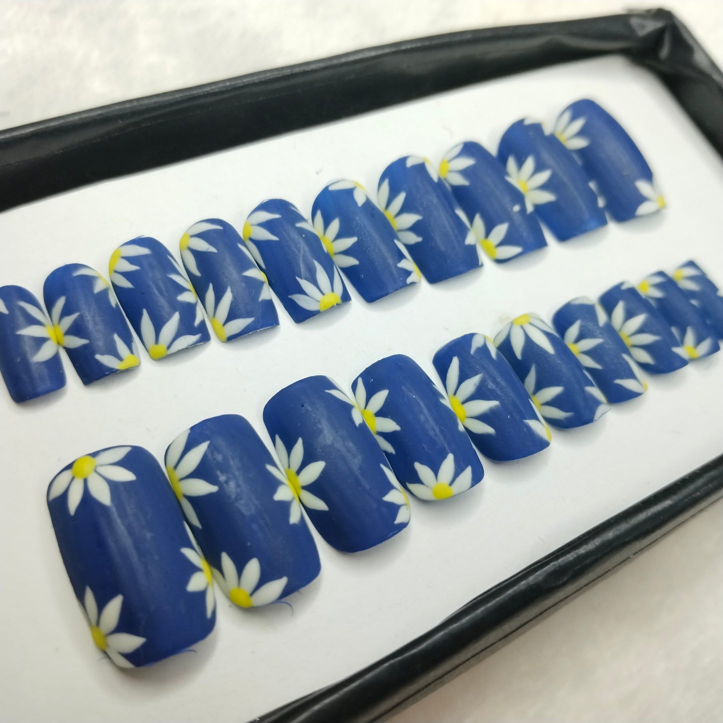The NailzStation Matte Blue Floral Press on Fake Artificial Nails Set with glue, filer, sticker application kit // 1439