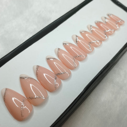 The NailzStation Glossy Nude Glitter Swirls  Press on Fake Artificial Nails Set with glue, filer, sticker application kit // 1438