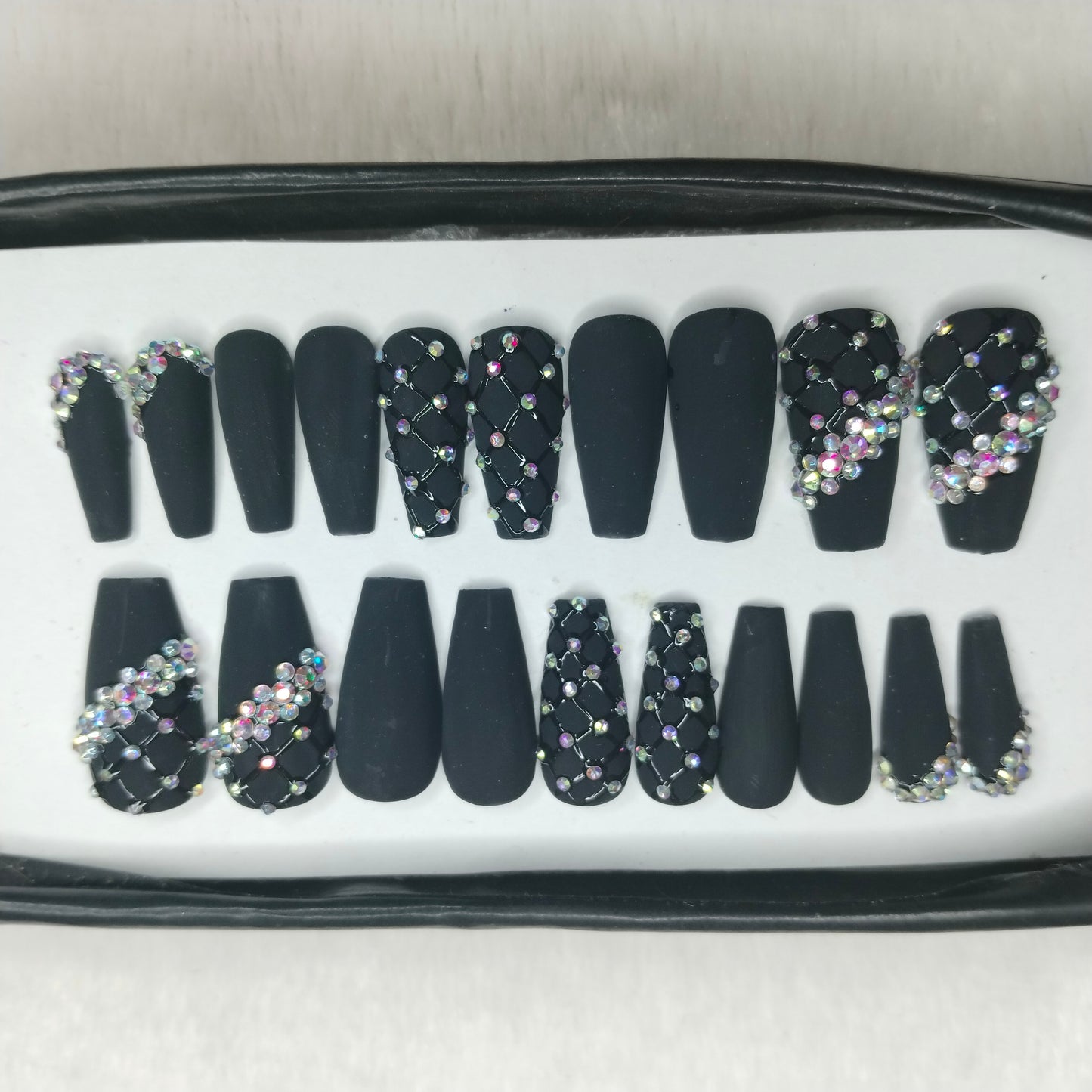 The NailzStation Matte Black Studded Press on Fake Artificial Nails Set with glue, filer, sticker application kit // 1431