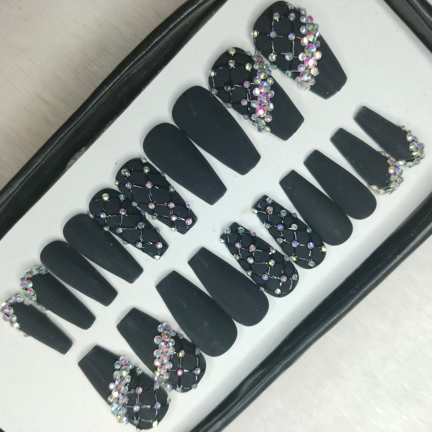 The NailzStation Matte Black Studded Press on Fake Artificial Nails Set with glue, filer, sticker application kit // 1431