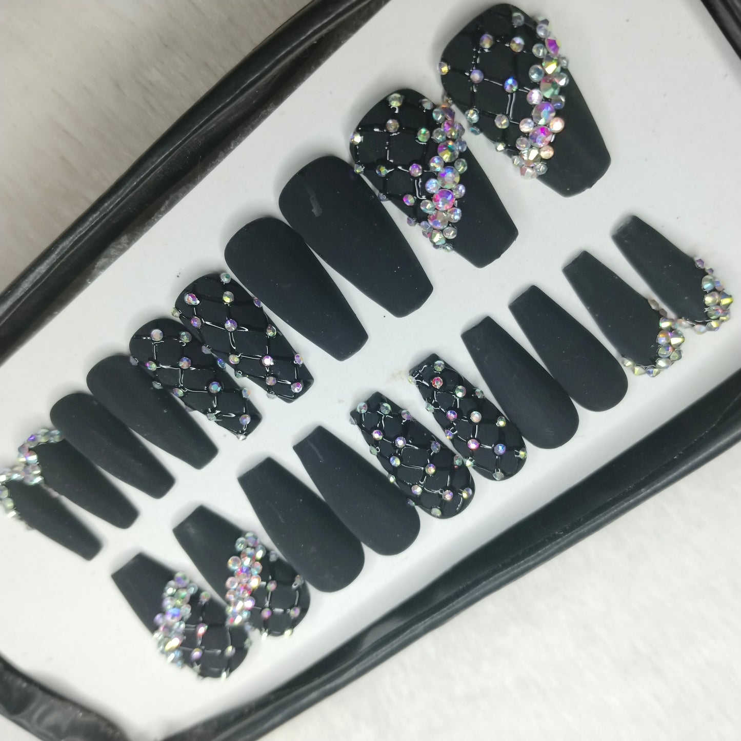 The NailzStation Matte Black Studded Press on Fake Artificial Nails Set with glue, filer, sticker application kit // 1431