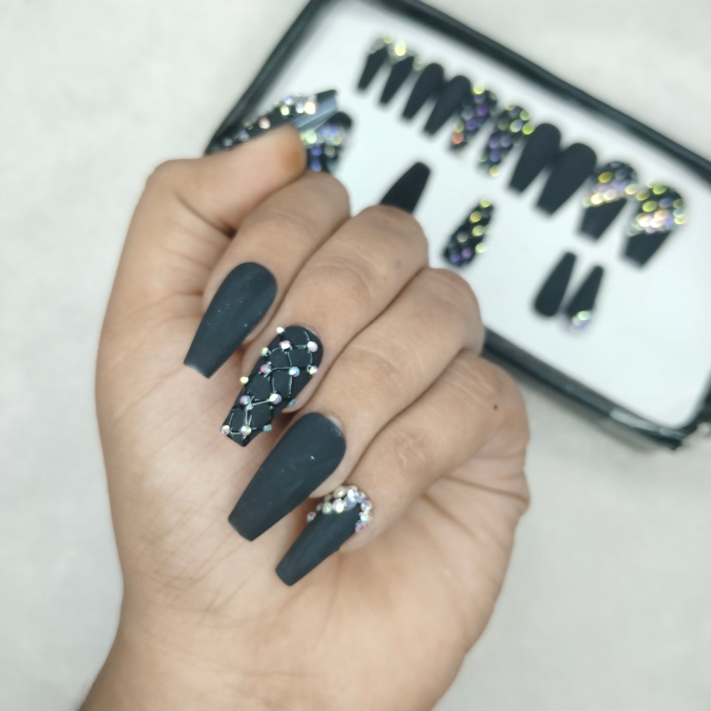 The NailzStation Matte Black Studded Press on Fake Artificial Nails Set with glue, filer, sticker application kit // 1431