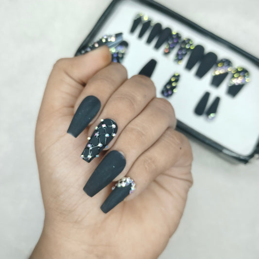 The NailzStation Matte Black Studded Press on Fake Artificial Nails Set with glue, filer, sticker application kit // 1431
