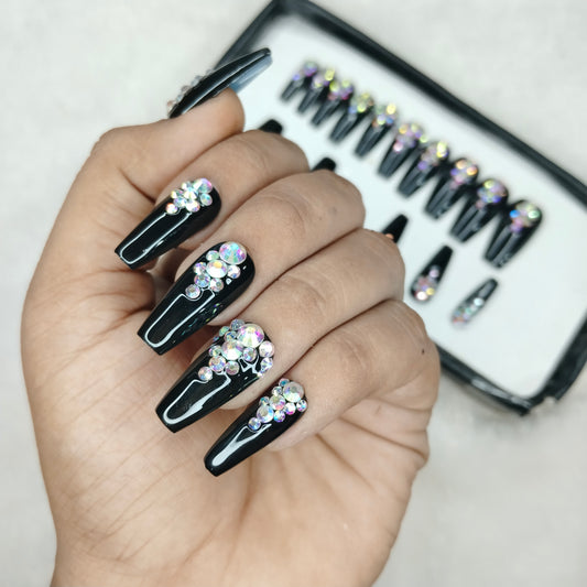 The NailzStation Glossy Black Studded Press on Fake Artificial Nails Set with glue, filer, sticker application kit // 1430