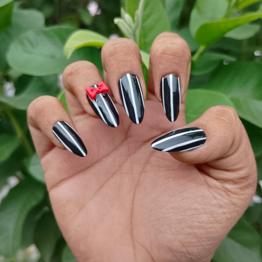 The NailzStation Glossy Black And White 3D Red Bow Press on Fake Artificial Nails Set with glue, filer, sticker application kit // 1426