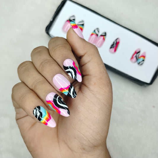 The NailzStation Glossy Colorful Swirls Press on Fake Artificial Nails Set with glue, filer, sticker application kit // 1425