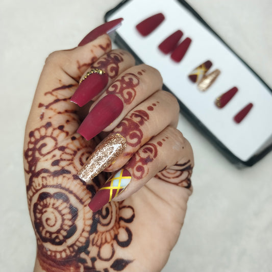 The NailzStation Matte Maroon Glitter Studded Press on Fake Artificial Nails Set with glue, filer, sticker application kit // 1423